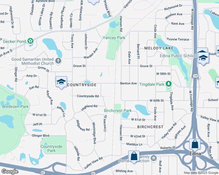 map of restaurants, bars, coffee shops, grocery stores, and more near 5425 Benton Avenue in Minneapolis