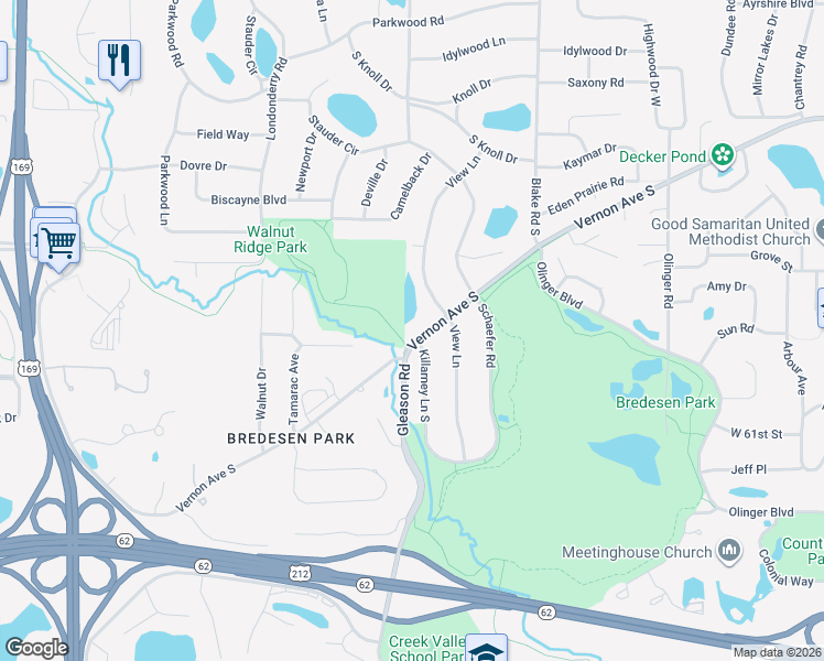 map of restaurants, bars, coffee shops, grocery stores, and more near 5901 Killarney Lane South in Edina