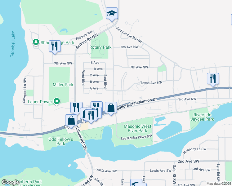 map of restaurants, bars, coffee shops, grocery stores, and more near 1020 Texas Avenue Northwest in Hutchinson