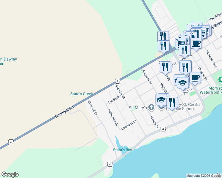 map of restaurants, bars, coffee shops, grocery stores, and more near 54 Carraway Crescent in Morrisburg