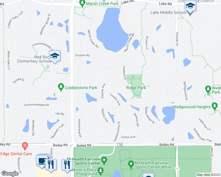map of restaurants, bars, coffee shops, grocery stores, and more near 8284 Ashford Road in Woodbury