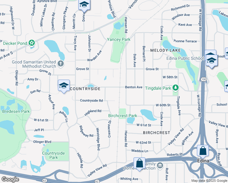 map of restaurants, bars, coffee shops, grocery stores, and more near 5425 Benton Avenue in Minneapolis