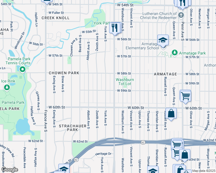 map of restaurants, bars, coffee shops, grocery stores, and more near 5837 York Avenue South in Edina