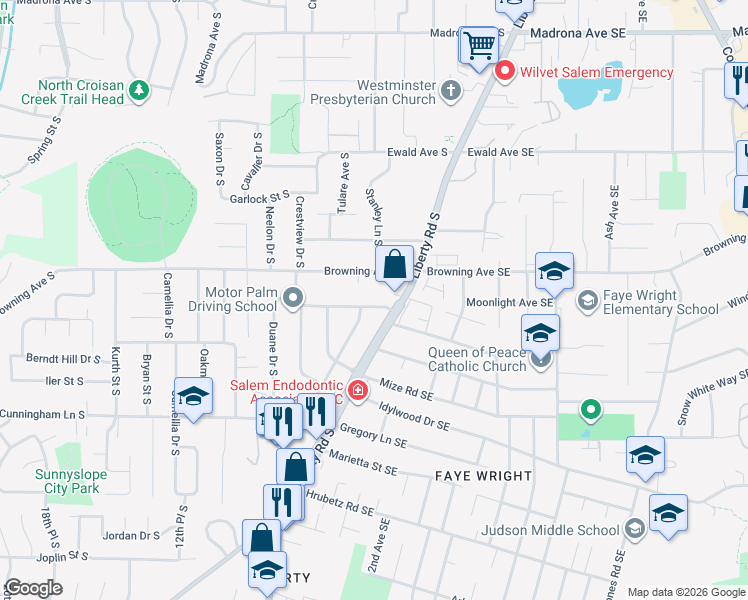 map of restaurants, bars, coffee shops, grocery stores, and more near 731 Lockwood Lane South in Salem