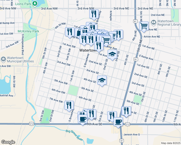 map of restaurants, bars, coffee shops, grocery stores, and more near 301 South Maple in Watertown