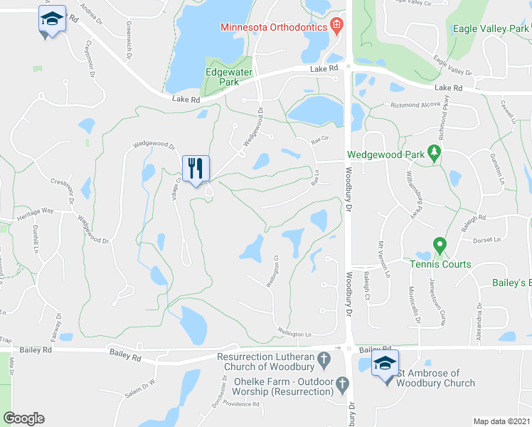 map of restaurants, bars, coffee shops, grocery stores, and more near 3595 Rae Lane in Woodbury