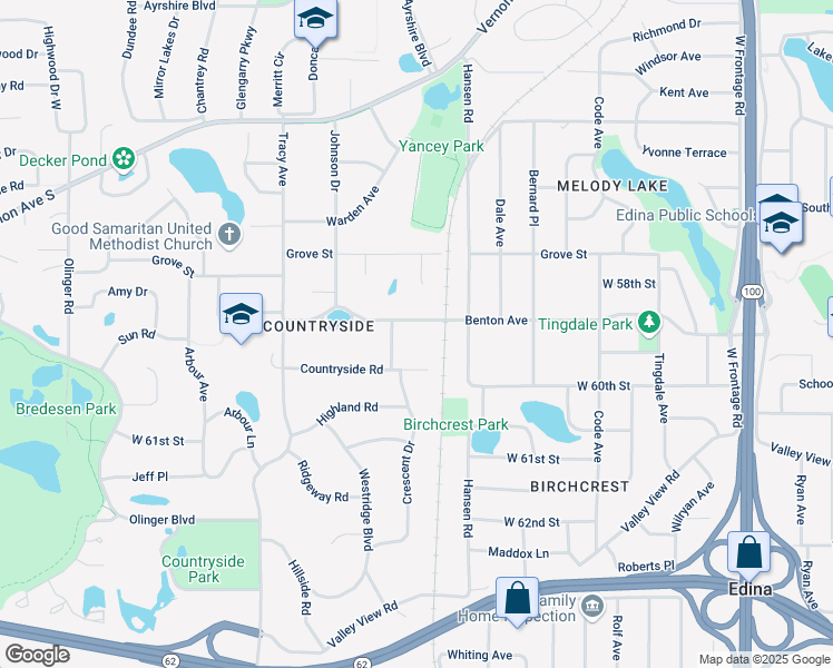 map of restaurants, bars, coffee shops, grocery stores, and more near 5425 Benton Avenue in Minneapolis