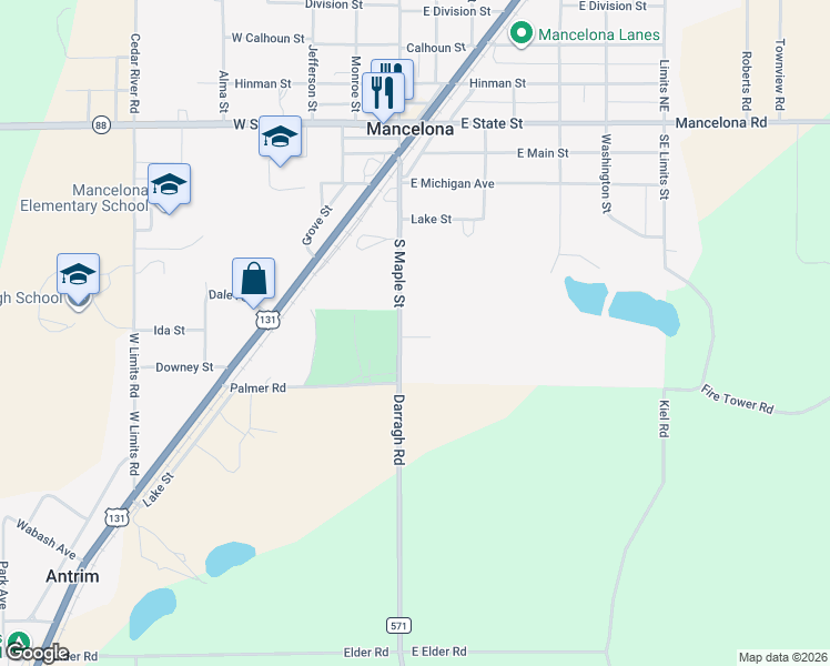 map of restaurants, bars, coffee shops, grocery stores, and more near 611 South Maple Street in Mancelona