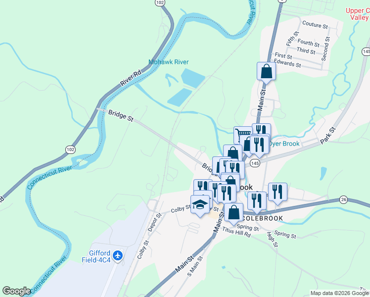 map of restaurants, bars, coffee shops, grocery stores, and more near 50 Bridge Street in Colebrook