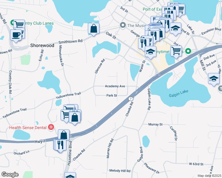 map of restaurants, bars, coffee shops, grocery stores, and more near 240 Academy Avenue in Excelsior