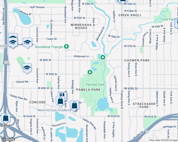 map of restaurants, bars, coffee shops, grocery stores, and more near 5845 Brookview Avenue in Minneapolis