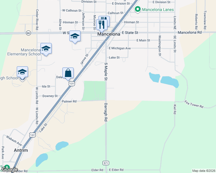 map of restaurants, bars, coffee shops, grocery stores, and more near 611 South Maple Street in Mancelona