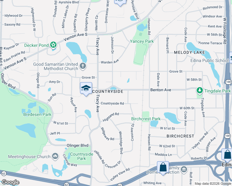 map of restaurants, bars, coffee shops, grocery stores, and more near 5601 Benton Avenue in Minneapolis