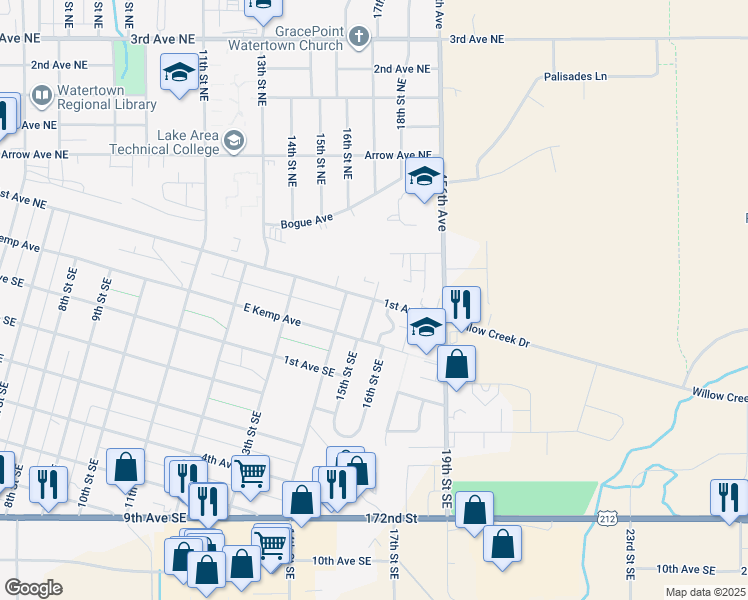 map of restaurants, bars, coffee shops, grocery stores, and more near 1500-1598 1st Avenue Northeast in Watertown