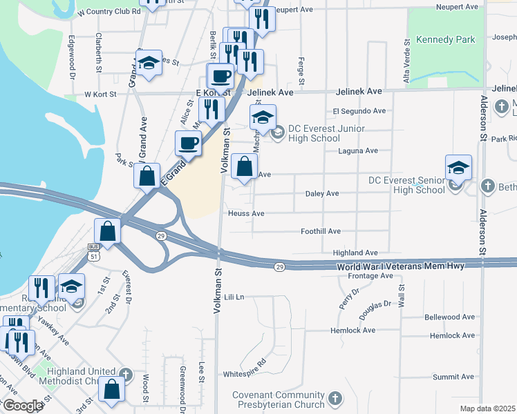 map of restaurants, bars, coffee shops, grocery stores, and more near 1402 Heuss Avenue in Schofield