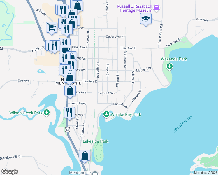 map of restaurants, bars, coffee shops, grocery stores, and more near 1214 Knapp Street in Menomonie