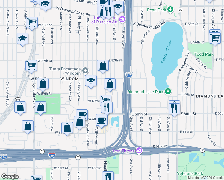 map of restaurants, bars, coffee shops, grocery stores, and more near 5901 Nicollet Avenue in Minneapolis