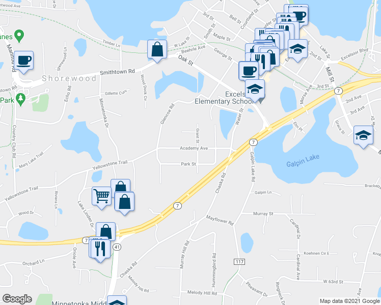 map of restaurants, bars, coffee shops, grocery stores, and more near 240 Academy Avenue in Excelsior