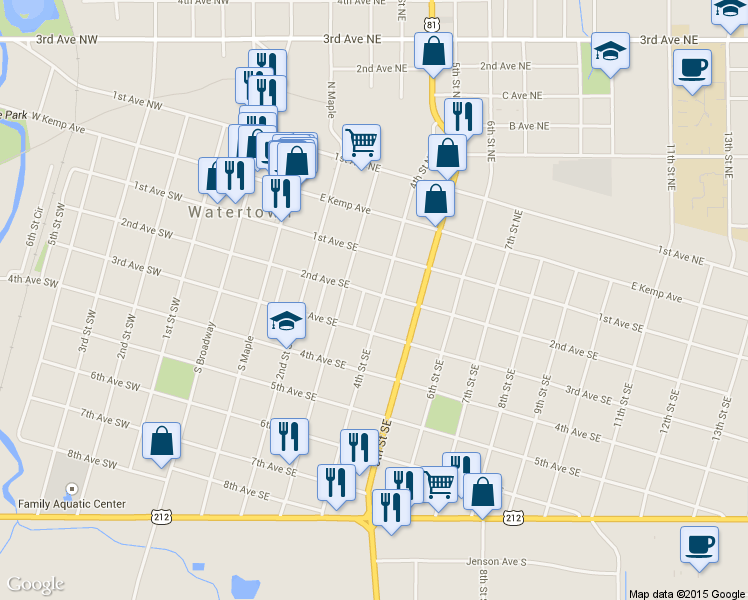 map of restaurants, bars, coffee shops, grocery stores, and more near 203 4th Street Southeast in Watertown