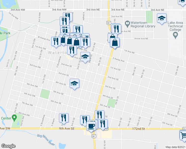 map of restaurants, bars, coffee shops, grocery stores, and more near 320 2nd Avenue Southeast in Watertown