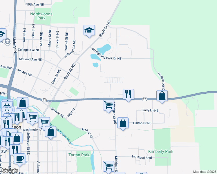 map of restaurants, bars, coffee shops, grocery stores, and more near 534 East Highland Park Drive Northeast in Hutchinson