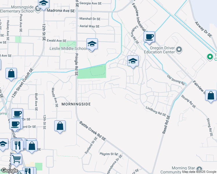 map of restaurants, bars, coffee shops, grocery stores, and more near Stagecoach Way Southeast in Salem