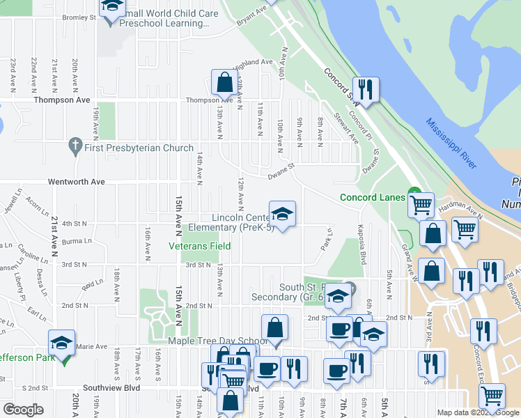 map of restaurants, bars, coffee shops, grocery stores, and more near 405 10th Avenue North in South St. Paul