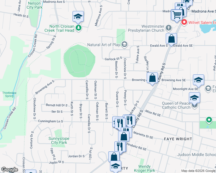 map of restaurants, bars, coffee shops, grocery stores, and more near 4098 Hertel Drive South in Salem