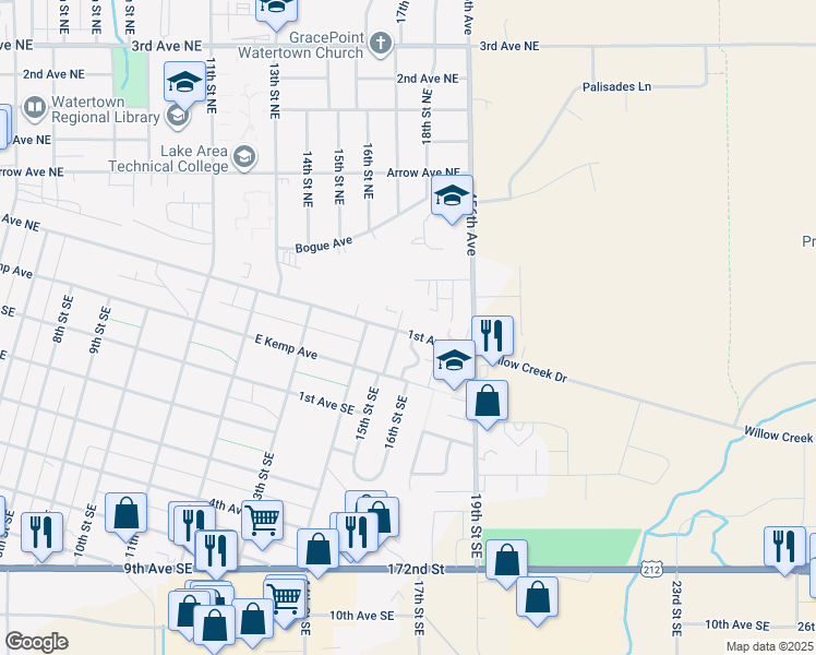 map of restaurants, bars, coffee shops, grocery stores, and more near 1500-1598 1st Avenue Northeast in Watertown