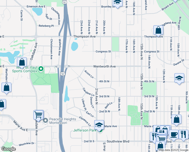 map of restaurants, bars, coffee shops, grocery stores, and more near 400 21st Avenue North in South Saint Paul