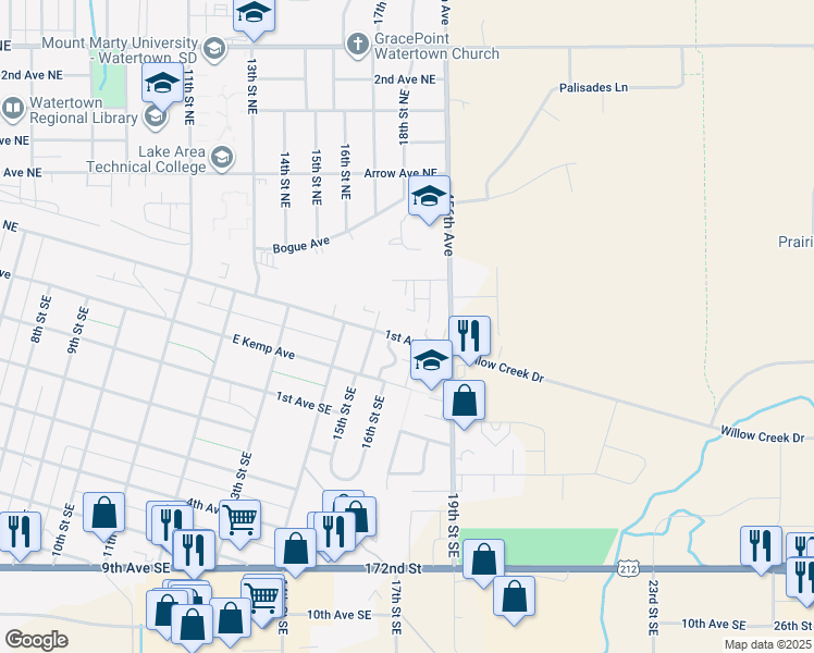 map of restaurants, bars, coffee shops, grocery stores, and more near 1601 1st Avenue Northeast in Watertown