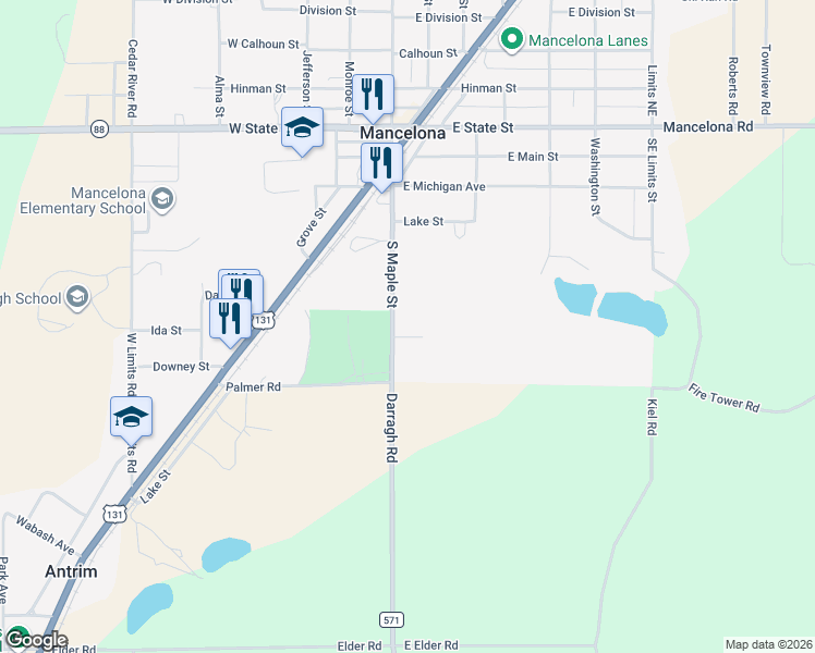map of restaurants, bars, coffee shops, grocery stores, and more near 611 South Maple Street in Mancelona