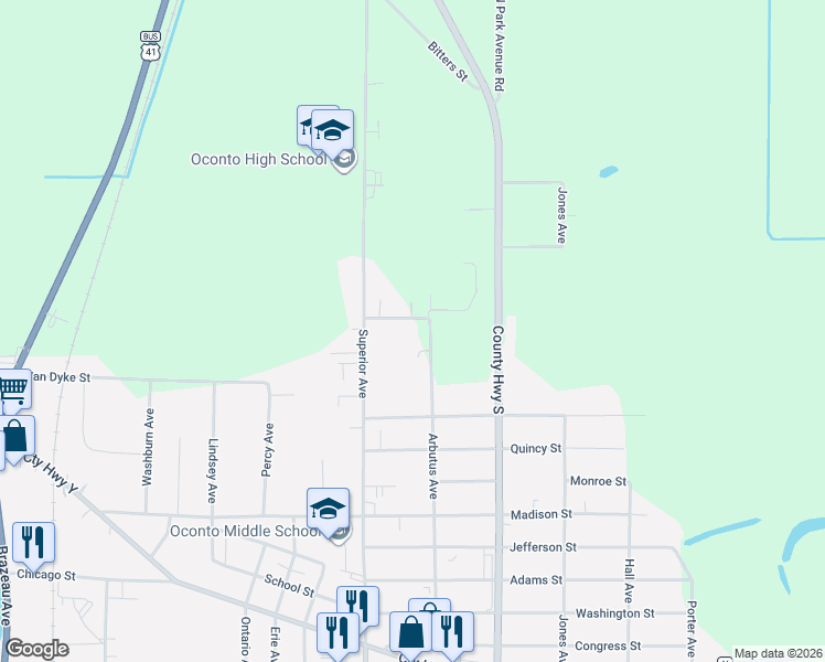 map of restaurants, bars, coffee shops, grocery stores, and more near 120 Memorial Drive in Oconto