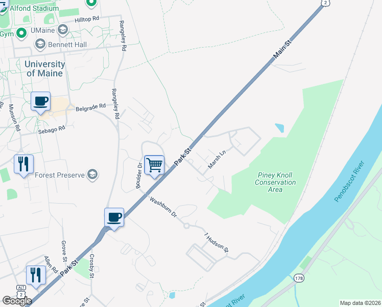 map of restaurants, bars, coffee shops, grocery stores, and more near 3 Colburn Drive in Orono