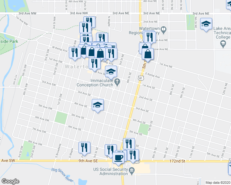 map of restaurants, bars, coffee shops, grocery stores, and more near 304 2nd Avenue Southeast in Watertown