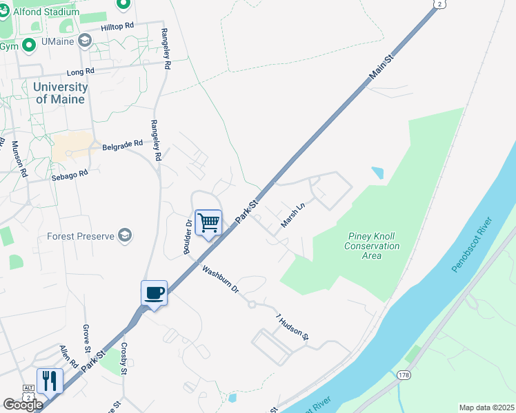 map of restaurants, bars, coffee shops, grocery stores, and more near 3 Colburn Drive in Orono