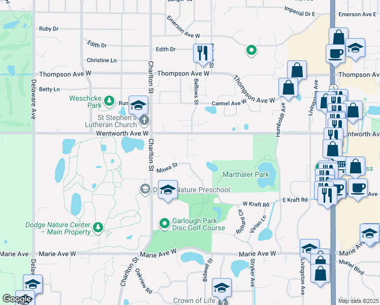 map of restaurants, bars, coffee shops, grocery stores, and more near 190 Wentworth Avenue West in Saint Paul