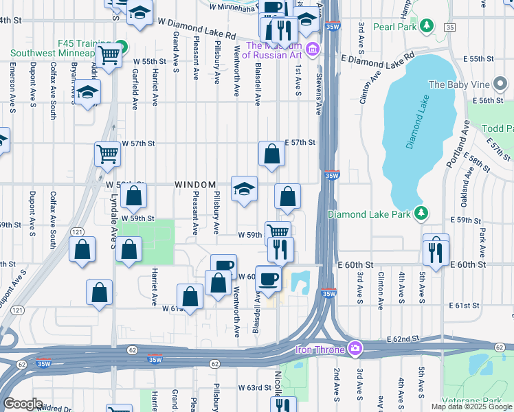 map of restaurants, bars, coffee shops, grocery stores, and more near 5839 Blaisdell Avenue in Minneapolis