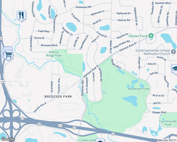 map of restaurants, bars, coffee shops, grocery stores, and more near 5901 Killarney Lane South in Edina