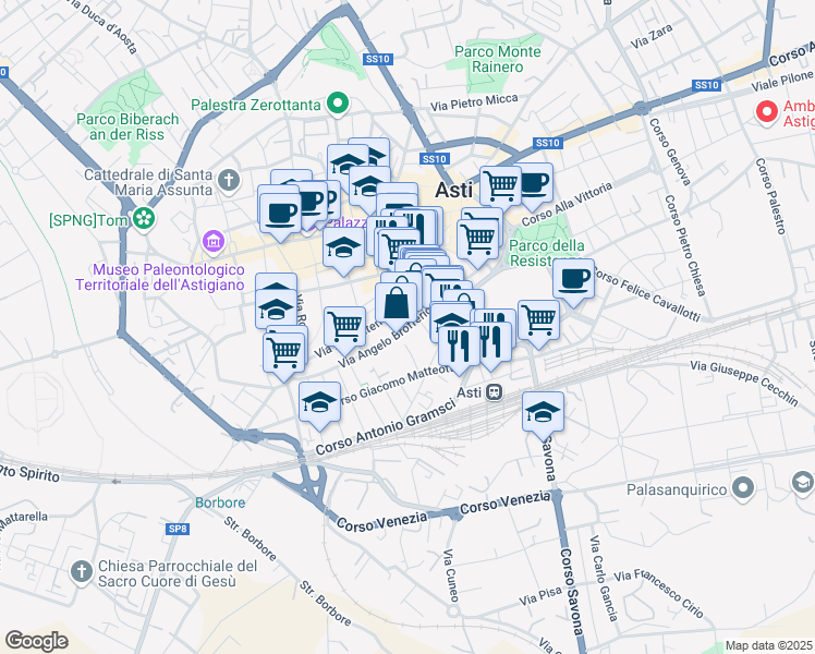 map of restaurants, bars, coffee shops, grocery stores, and more near 70 Via Angelo Brofferio in Asti