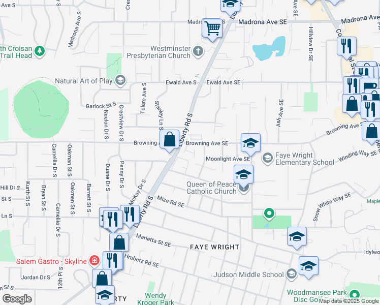 map of restaurants, bars, coffee shops, grocery stores, and more near 110 Browning Avenue Southeast in Salem