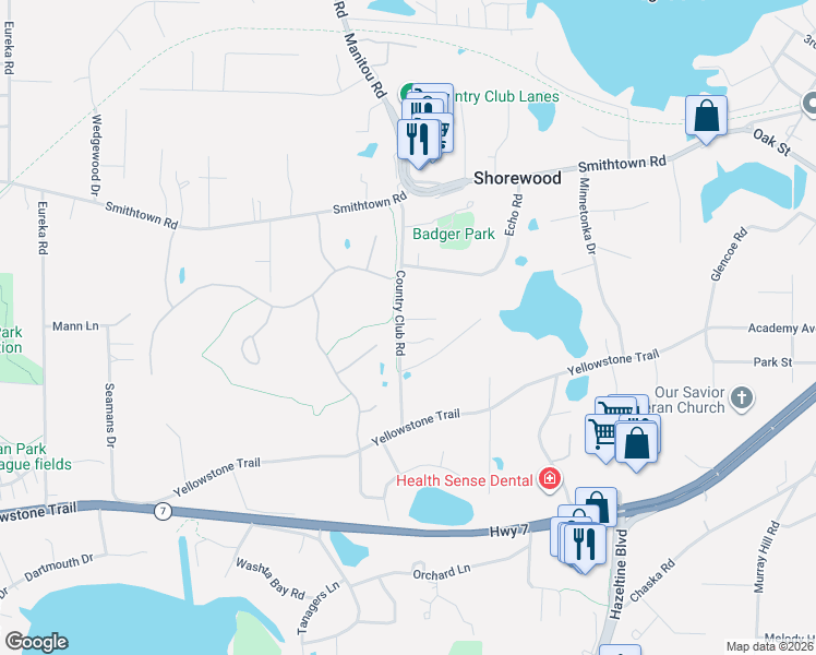 map of restaurants, bars, coffee shops, grocery stores, and more near 24405 Niblick Alcove in Shorewood