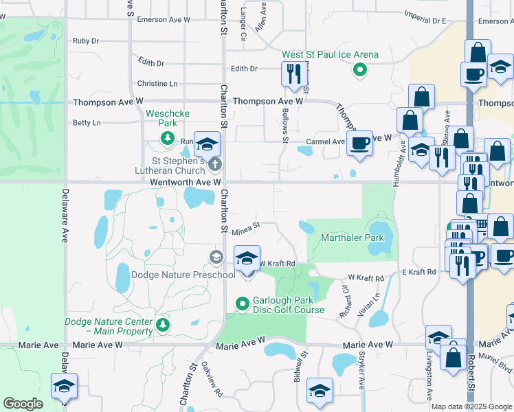 map of restaurants, bars, coffee shops, grocery stores, and more near 1635 Allen Court in Saint Paul