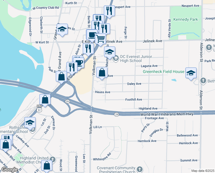 map of restaurants, bars, coffee shops, grocery stores, and more near 1402 Heuss Avenue in Schofield
