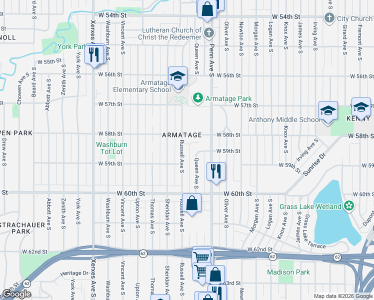 map of restaurants, bars, coffee shops, grocery stores, and more near 5840 Queen Avenue South in Minneapolis