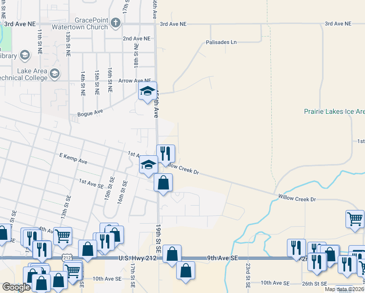 map of restaurants, bars, coffee shops, grocery stores, and more near 148 Meadow Drive Northwest in Watertown