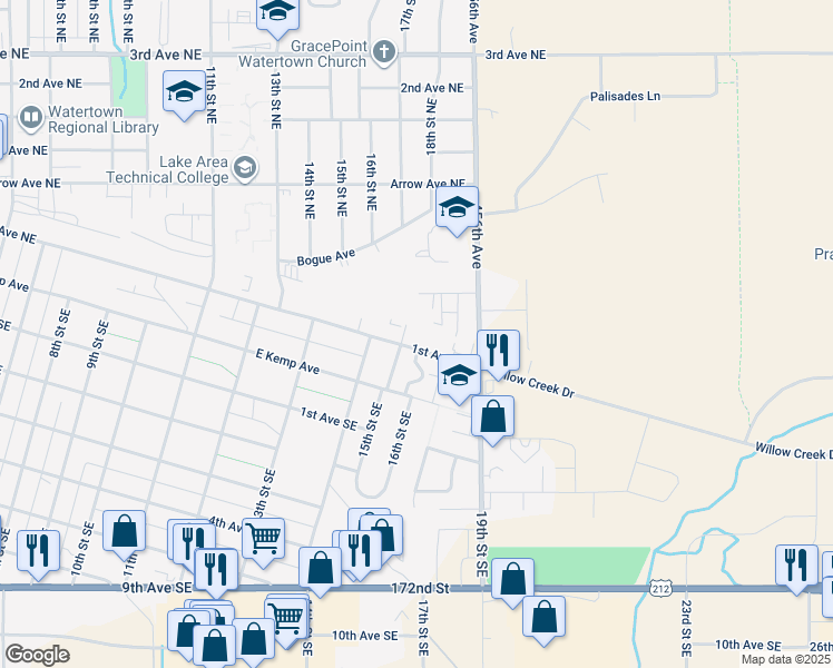 map of restaurants, bars, coffee shops, grocery stores, and more near 1500-1598 1st Avenue Northeast in Watertown