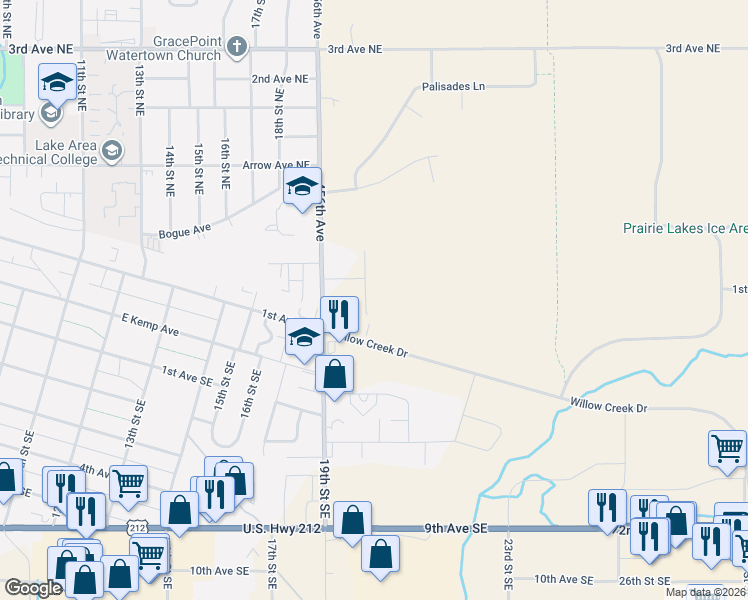 map of restaurants, bars, coffee shops, grocery stores, and more near 148 Meadow Drive Northwest in Watertown