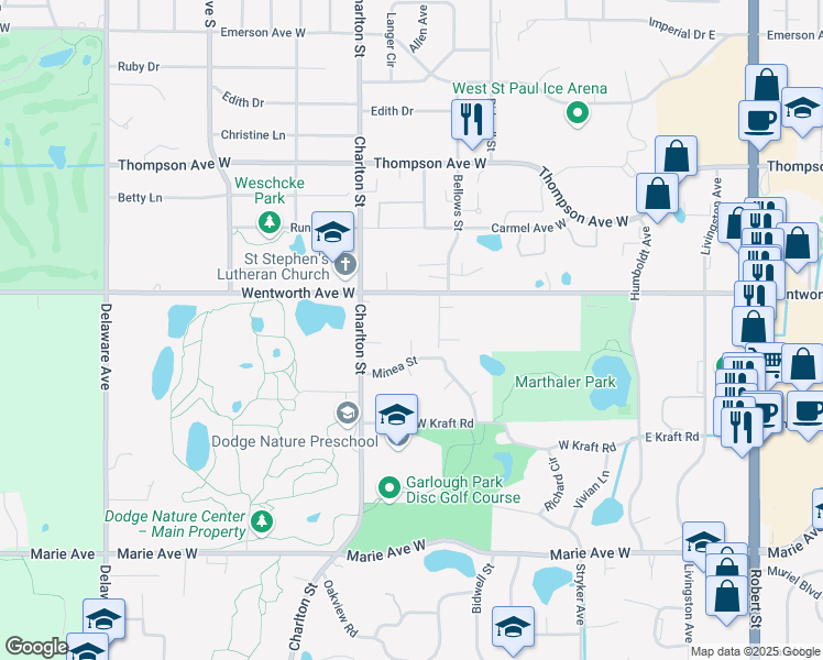 map of restaurants, bars, coffee shops, grocery stores, and more near 1635 Allen Court in Saint Paul