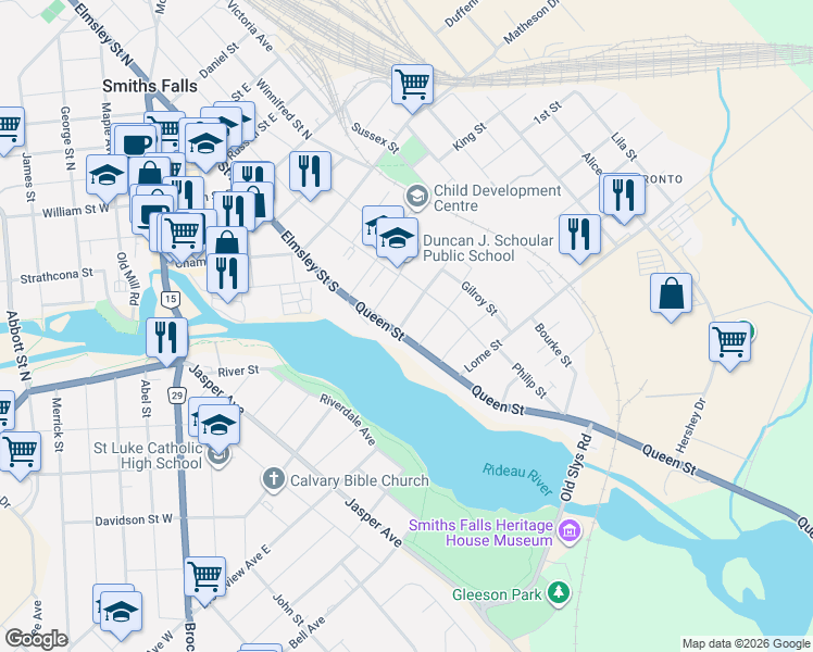 map of restaurants, bars, coffee shops, grocery stores, and more near 1 Churchill Crescent in Smiths Falls